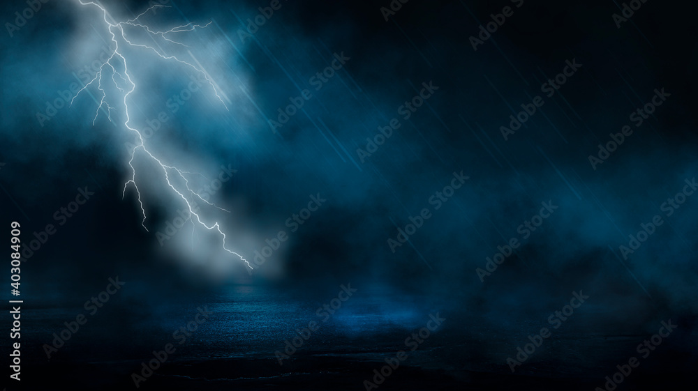 Dramatic background of the night sky, thunderstorm, lightning. Smoke, fog, smog against the background of the city landscape. Natural night landscape, night sky, wet asphalt, puddles.