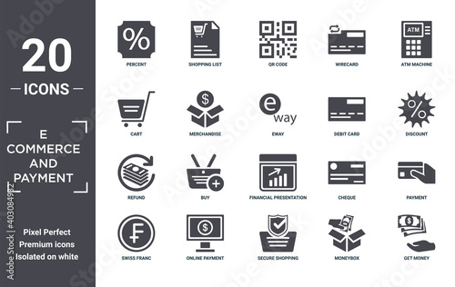 e.commerce.and.payment icon set. include creative elements as percent, atm machine, debit card, financial presentation, online payment, refund filled icons can be used for web design, presentation, photo