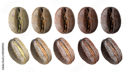 different types and stages of roasting coffee beans from green to full roast, macro photography isolate studio light
