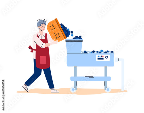 Grape processing plant or winery worker loading grape into conveyor, flat vector illustration isolated on white background. Wine industry employee cartoon character.