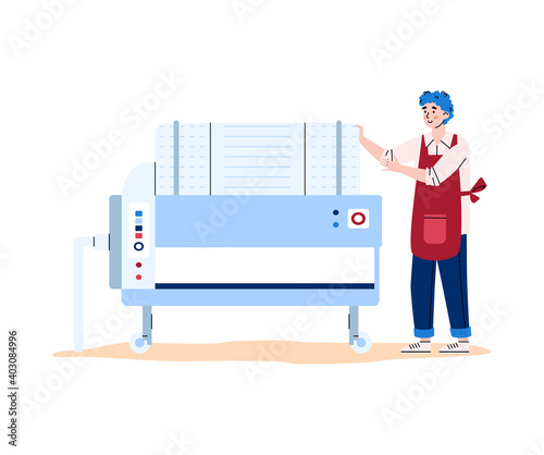 Winemaker man cartoon character next to industrial equipment for grape juice fermentation, flat vector illustration isolated on white background. Wine production stage.