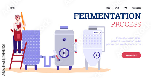 Web banner showing winemaking fermentation process on automated equipment, cartoon flat vector illustration. Winery or wine processing plant or factory web page template.