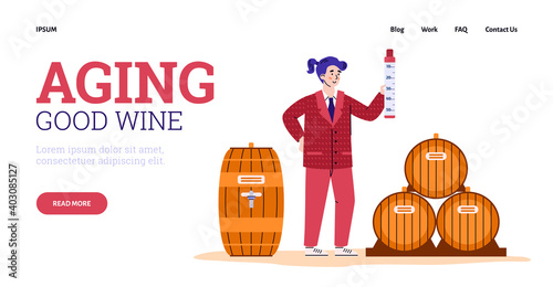 Website banner template for vinery depicting wine aging process, flat cartoon vector illustration. Aged wine production webpage or landing page mockup.