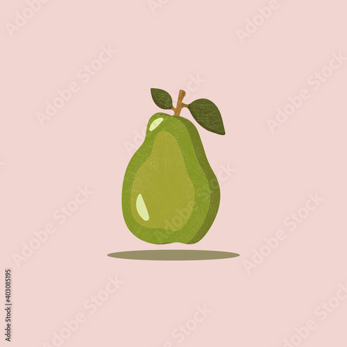 Pear with two leaves  illustration  with texture. Vector isolated image on light pink background. Fresh fruit siilhouette. For textile, T-short, poster, hoodie, cosmetic.