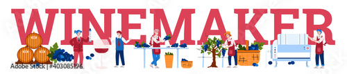 Wine making process concept with tiny winemakers harvesting grapes and production of natural red wine in traditional winery with winemaking equipment. Vector flat illustration.