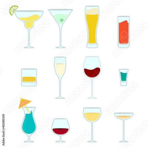 Set of different types of alcoholic drinks like cocktails, wine, beer and more in vector
