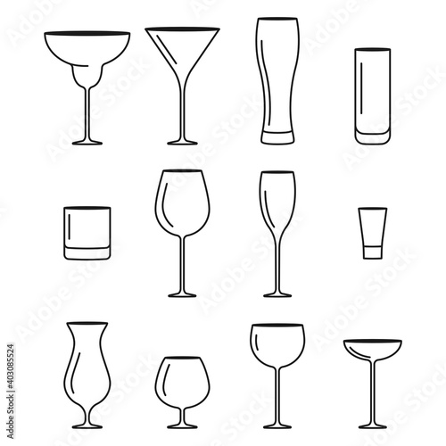 Set of different types of alcoholic drinks like cocktails, wine, beer and more in vector
