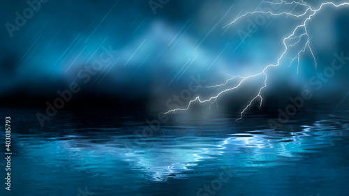 Dramatic background of the night sky, thunderstorm, lightning. Smoke, fog, smog against the background of the city landscape. Natural night landscape, night sky, wet asphalt, puddles.