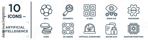artificial.intellegence linear icon set. includes thin line ball, ai grid, processing, ar camera, secure data, quantum computing, coins icons for report, presentation, diagram, web design