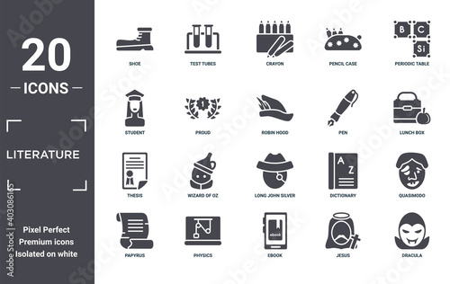 literature icon set. include creative elements as shoe, periodic table, pen, long john silver, physics, thesis filled icons can be used for web design, presentation, report and diagram