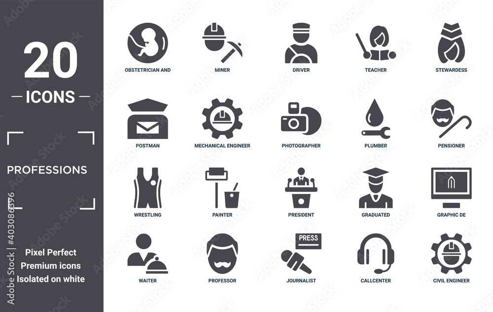 professions icon set. include creative elements as obstetrician and gynecologist, stewardess, plumber, president, professor, wrestling filled icons can be used for web design, presentation, report