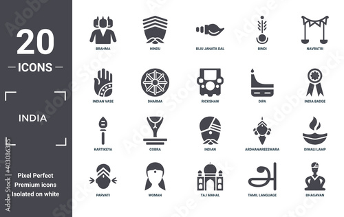 india icon set. include creative elements as brahma, navratri, dipa, indian, woman, kartikeya filled icons can be used for web design, presentation, report and diagram