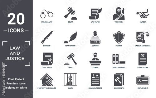 law.and.justice icon set. include creative elements as criminal law, murder, defense, counsel, guilty, legal paper filled icons can be used for web design, presentation, report and diagram