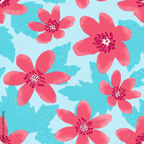 Decorative spring flowers pattern. Contemporary floral and polka dot texture seamless pattern. Modern scandinavian design for paper, cover, fabric, interior decor and other. Pink and mint vector.