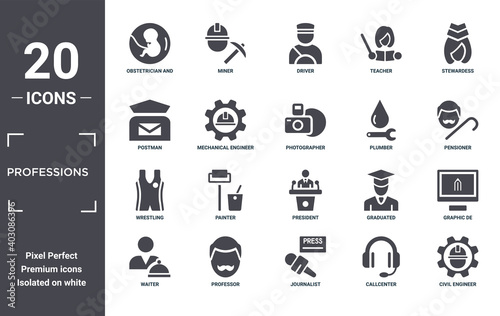 professions icon set. include creative elements as obstetrician and gynecologist, stewardess, plumber, president, professor, wrestling filled icons can be used for web design, presentation, report