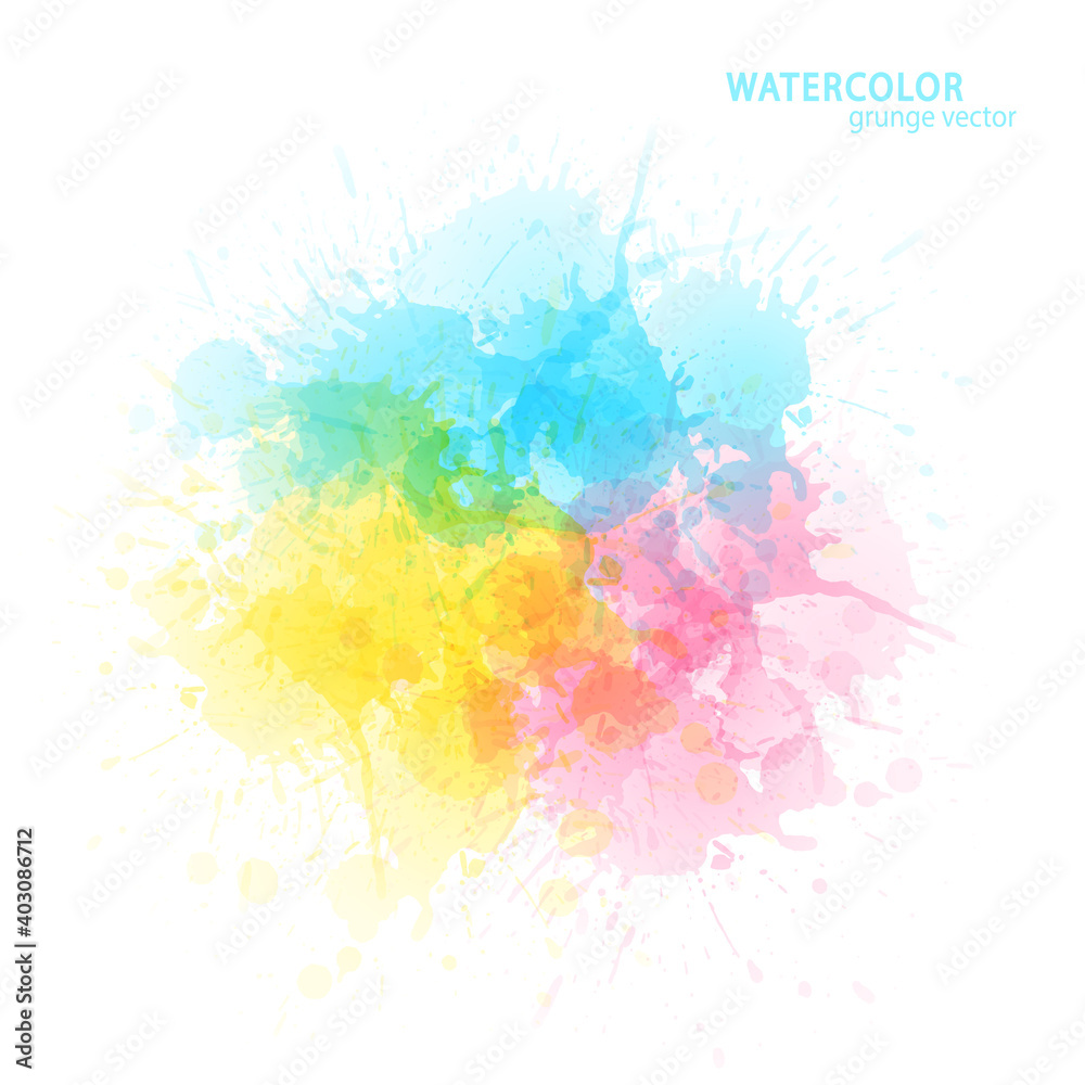 Watercolor effect vector stains. Grunge splatter. Paint pastel stains. Ink spots. Colorful splatter. Watercolor drops. Grunge colorful paint overlay.