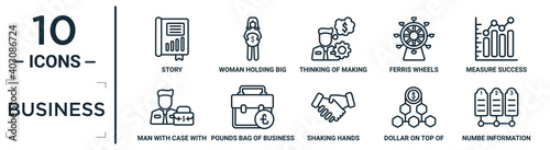 business linear icon set. includes thin line story, thinking of making money, measure success, pounds bag of business, dollar on top of financial hierarchy, numbe information, man with case with