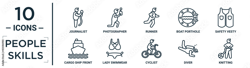 people.skills linear icon set. includes thin line journalist, runner, safety vesty, lady swimwear, diver, knitting, cargo ship front view icons for report, presentation, diagram, web design