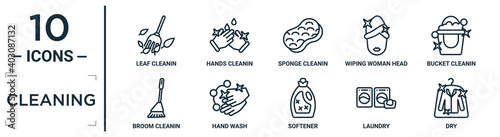 cleaning linear icon set. includes thin line leaf cleanin, sponge cleanin, bucket cleanin, hand wash, laundry, dry, broom icons for report, presentation, diagram, web design