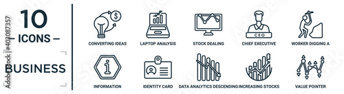 business linear icon set. includes thin line converting ideas in money, stock dealing, worker digging a hole, identity card, increasing stocks graphic of bars, value pointer, information icons for