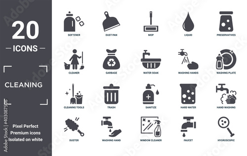 cleaning icon set. include creative elements as softener, preservatives, washing hands, sanitize, washing hand, cleaning tools filled icons can be used for web design, presentation, report and