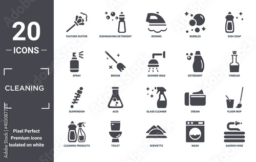 cleaning icon set. include creative elements as feather duster, dish soap, detergent, glass cleaner, toilet, suspension filled icons can be used for web design, presentation, report and diagram