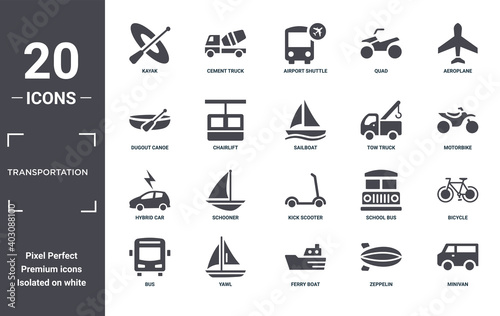 transportation icon set. include creative elements as kayak, aeroplane, tow truck, kick scooter, yawl, hybrid car filled icons can be used for web design, presentation, report and diagram