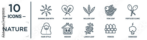 nature linear icon set. includes thin line shining sun with rays, willow leaf, fertilize clinic, indoor, fences, damaged, hair style icons for report, presentation, diagram, web design
