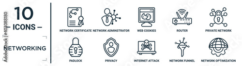 networking linear icon set. includes thin line network certificate, web cookies, private network, privacy, network funnel, optimization, padlock icons for report, presentation, diagram, web design