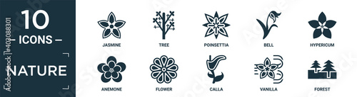 filled nature icon set. contain flat jasmine, tree, poinsettia, bell, hypericum, anemone, flower, calla, vanilla, forest icons in editable format..