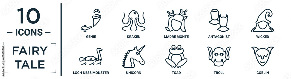 fairy.tale linear icon set. includes thin line genie, madre monte, wicked, unicorn, troll, goblin, loch ness monster icons for report, presentation, diagram, web design