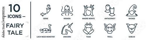 fairy.tale linear icon set. includes thin line genie, madre monte, wicked, unicorn, troll, goblin, loch ness monster icons for report, presentation, diagram, web design