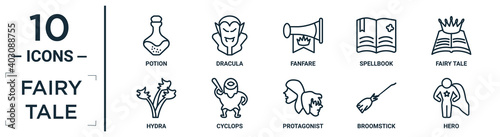 fairy.tale linear icon set. includes thin line potion, fanfare, fairy tale, cyclops, broomstick, hero, hydra icons for report, presentation, diagram, web design