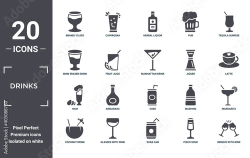 drinks icon set. include creative elements as brandy glass, tequila sunrise, jigger, coke, glasses with wine, ham filled icons can be used for web design, presentation, report and diagram