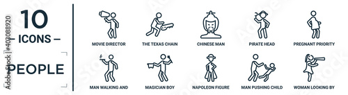 people linear icon set. includes thin line movie director, chinese man, pregnant priority, magician boy, man pushing child, woman looking by a spyglass, man walking and smoking icons for report,