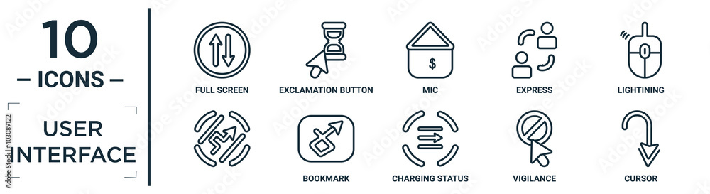user.interface linear icon set. includes thin line full screen, mic ...