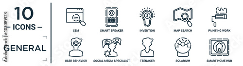 general linear icon set. includes thin line sem, invention, painting work, social media specialist, solarium, smart home hub, user behavior icons for report, presentation, diagram, web design