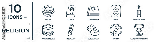 religion linear icon set. includes thin line halal, torah book, hebrew wine, mezuzah, karma, laver of washing, kaaba mecca icons for report, presentation, diagram, web design
