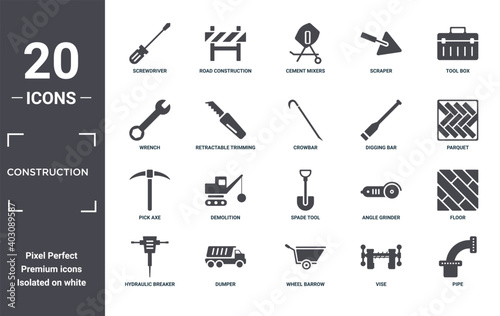 construction icon set. include creative elements as screwdriver, tool box, digging bar, spade tool, dumper, pick axe filled icons can be used for web design, presentation, report and diagram