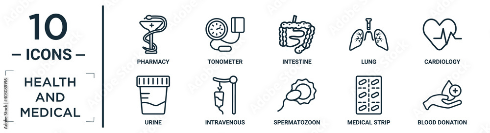 health.and.medical linear icon set. includes thin line pharmacy, intestine, cardiology, intravenous, medical strip, blood donation, urine icons for report, presentation, diagram, web design