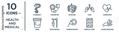 health.and.medical linear icon set. includes thin line pharmacy, intestine, cardiology, intravenous, medical strip, blood donation, urine icons for report, presentation, diagram, web design