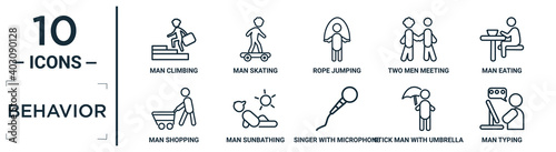 behavior linear icon set. includes thin line man climbing, rope jumping, man eating, man sunbathing, stick with umbrella, typing, shopping icons for report, presentation, diagram, web design