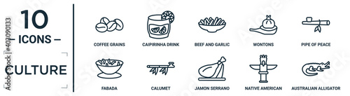 culture linear icon set. includes thin line coffee grains, beef and garlic, pipe of peace, calumet, native american totem, australian alligator, fabada icons for report, presentation, diagram, web