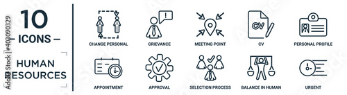 human.resources linear icon set. includes thin line change personal, meeting point, personal profile, approval, balance in human resources, urgent, appointment icons for report, presentation,