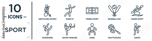 sport linear icon set. includes thin line unicycling hockey, tennis court, canoe sport, baton twirling, shuttlecock, aikido, kickboxing icons for report, presentation, diagram, web design