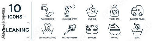 cleaning linear icon set. includes thin line washing hand, washing, garbage truck, feather duster, ironing, soak, clothes cleaning icons for report, presentation, diagram, web design
