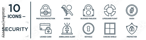 security linear icon set. includes thin line padlock protection active, blocked padlock, hash, ambulance alert, checke shield, protector, locked card icons for report, presentation, diagram, web