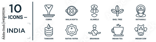 india linear icon set. includes thin line cobra, alamelu, kathakali, ratha-yatra, indian tea, indian cow, tandoori icons for report, presentation, diagram, web design photo