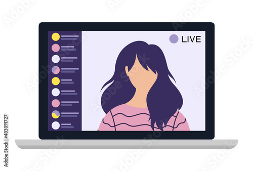 Young female blogger holding a live streaming online event, website interface. Vector illustration on white isolated background.