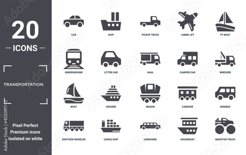 transportation icon set. include creative elements as car, pt boat, camper car, wagon, cargo ship, boat filled icons can be used for web design, presentation, report and diagram